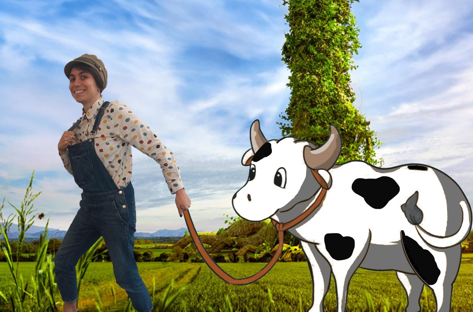 Jack leading a cartoon cow by it's tether