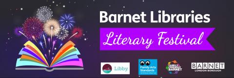 Barnet Libraries Literary Festival logo, fireworks from open book.