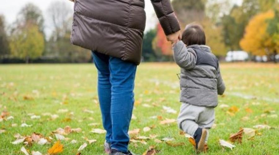 Woman and boy holding hands walking in a park