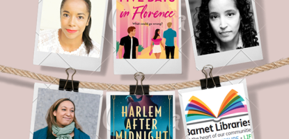 Photos of Louise Hare, Lorraine Brown and their book covers and Laura Sampson hanging from string on pegs
