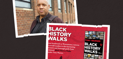 Tony Warner and flyer for Black History Walks featuring the book cover